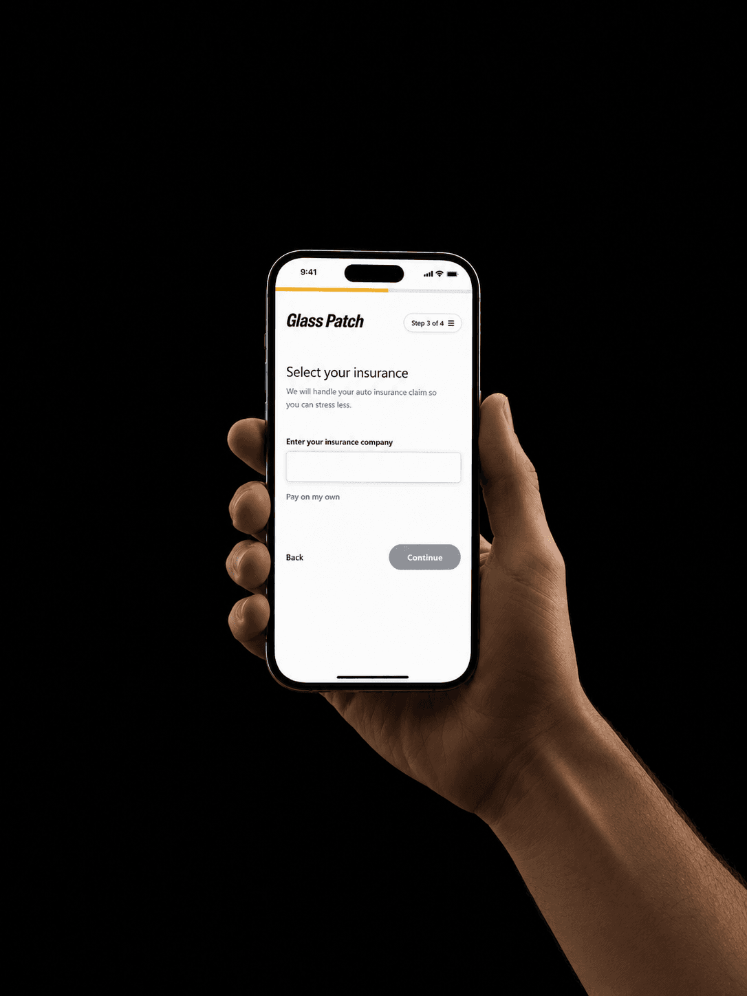 Phone showing Glass Patch insurance selection screen