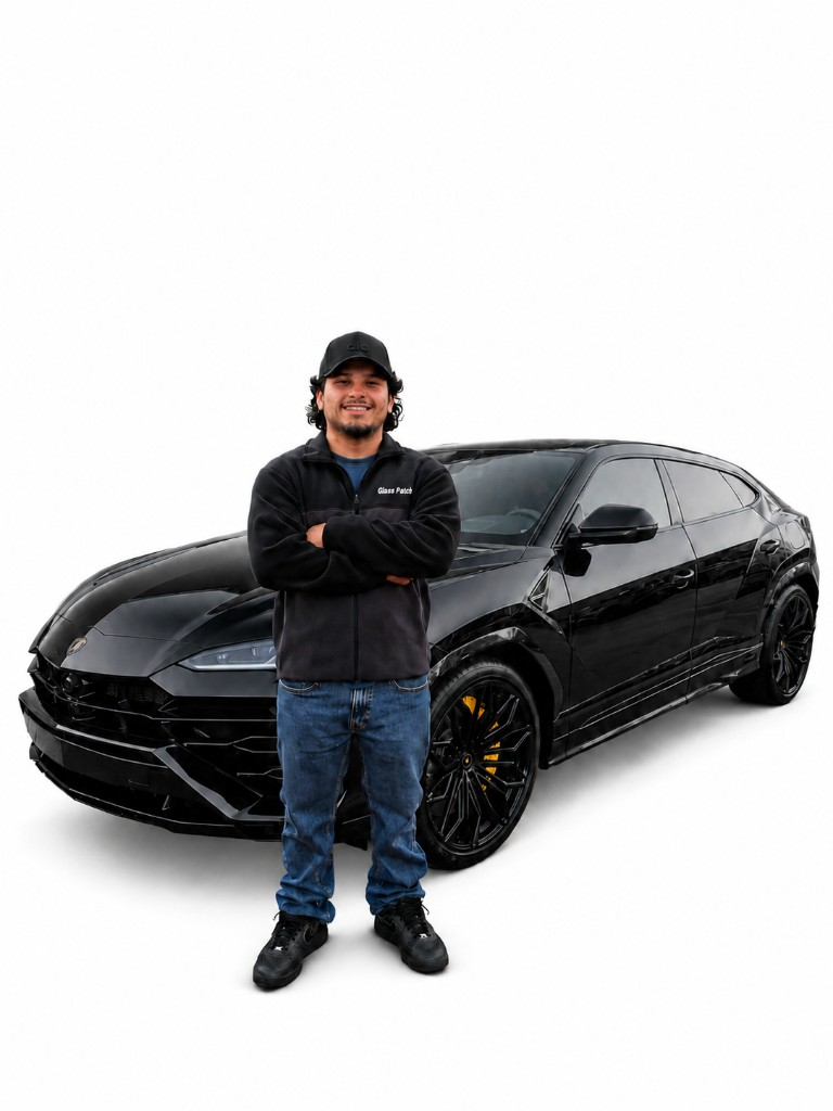 Glass Patch technician standing in front of a vehicle
